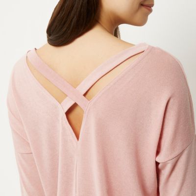 Pastel pink knitted V-neck cross back jumper